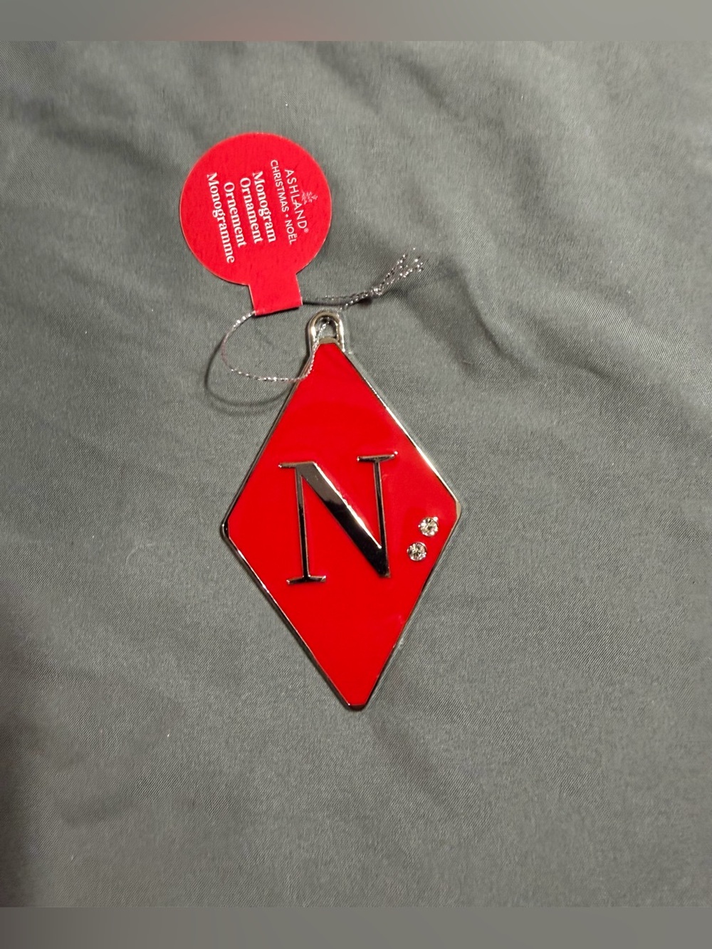 Ashland Red Diamond Initial N Ornament with Silver Trim